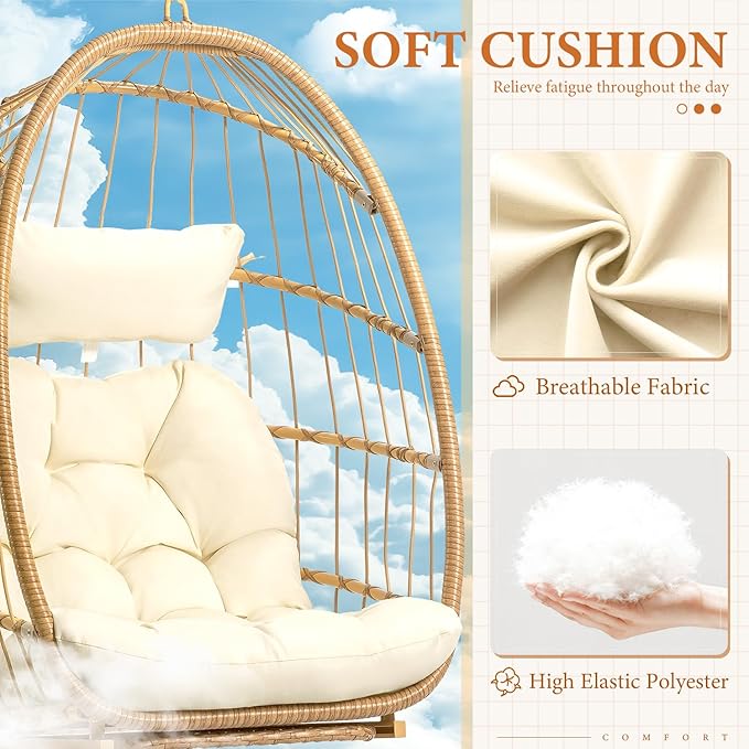Hanging Egg Chair with Stand and Footrest for Indoor Outdoor - Patio Swing Egg Chairs Wicker Hammock Chair Bedroom Aluminum Steel Frame and UV Resistant Cushion 370LBS Capacity for Kids Adults Beige