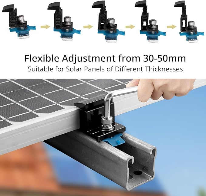 Anbte 10pcs Adjustable Solar Panel End Clamp for Unistrut 30-50mm Aluminum Solar Panel Mounting Brackets with Nuts Bolts and Wrench for Metal Roof Tin Roof Flat Roof Sheet Roof RV Black