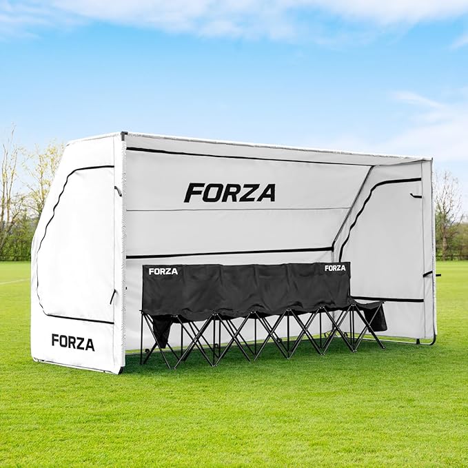 FORZA Portable Team Shelter | Durable Steel Frame Shelter for Sports Teams – Optional Benches &amp Multiple Colors (White Shelter + 6 Seater Bench Pro)