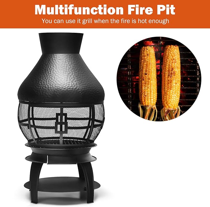 Giantex Wood Burning Chiminea Heavy Duty Fireplace Chiminea Wooden Fire Pit with 2-Piece Log Grate Premium Rain Cap &amp Fire Poker 360°Fire Retardant Mesh Cover Ideal for Garden Patio Backyard