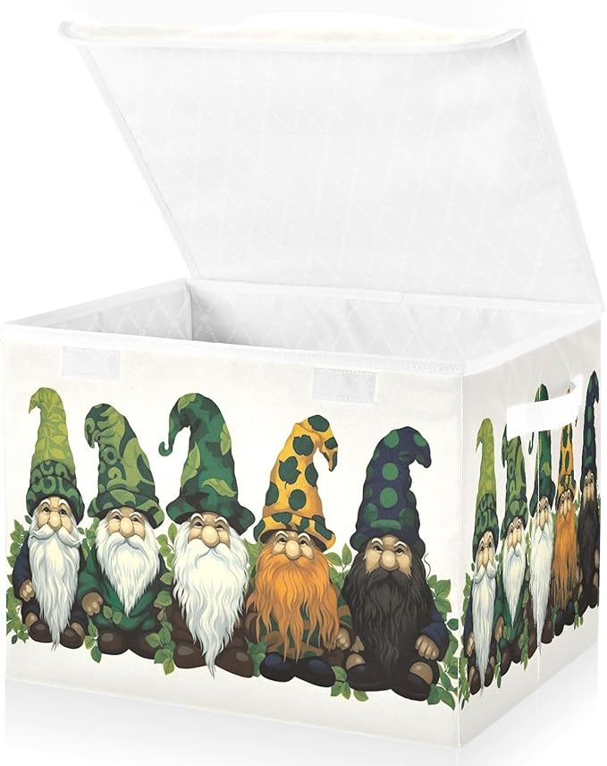 Christmas Storage Baskets with Lids Garden Gnomes Collapsible Bins Stackable Fabric Linen Baskets Closet Organizer Container 16.5x12.6x11.8