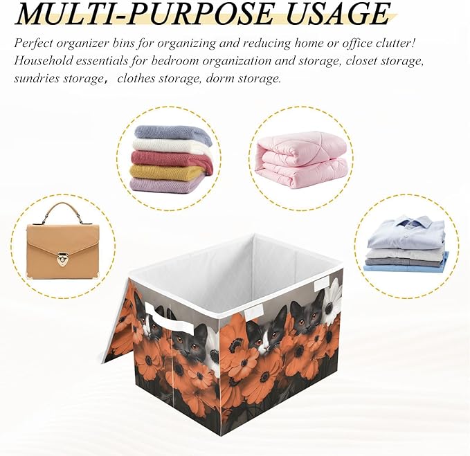 AIXIWAWA Lidded Storage Cube (Cats Flower) Fabric Foldable Closet Bins with Flip Lid and Handles Organizer Basket Container 16.5 x 12.6 x 11.8 IN