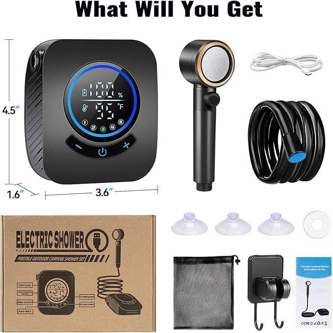 Upgraded Portable Shower 8000mAh Rechargeable Camping Shower Pump with Intelligent Display 5 Pressure Modes IPX8 Waterproof Lightweight Pocket Outdoor Shower Pump Kit for Hiking Travel Car Pet