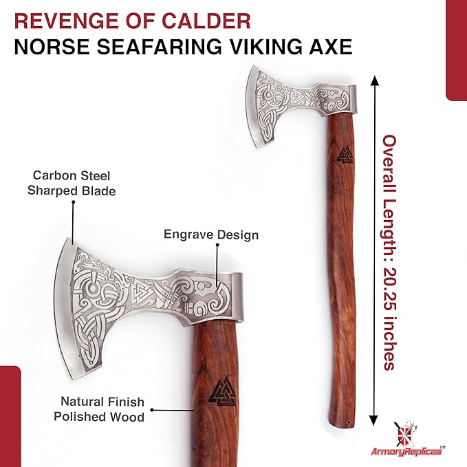 Hand-Forged Viking Battle Axe – Carbon Steel Blade with Draugr Etchings Handle Valknut Engraving Perfect for Collectors and Norse Mythology Enthusiasts