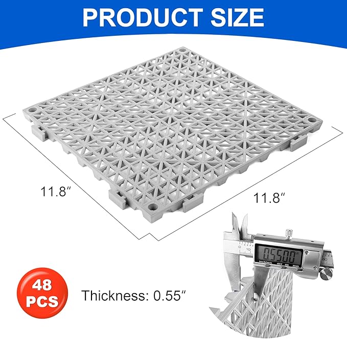 MYFAMIREA Modular Interlocking Cushion 48 Pack 11.8 x 11.8 Rubber Floor Tiles Non-Slip Splicing Drainage Mats for Deck Gray