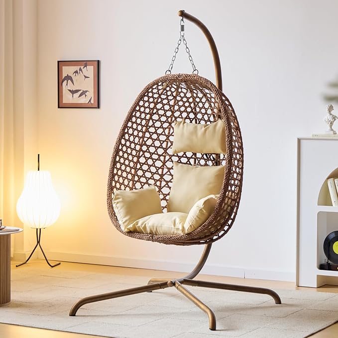 Indoor Hanging Chair with Stand for Bedroom Hexagon Rattan Wicker Swing Egg Chair for Bedroom Porch Garden Patio Outdoor Hammock Egg Swing Chair with Cushion350LBS Capacity (Beige)