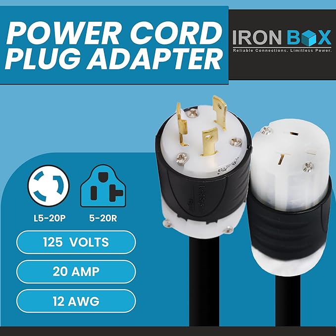 IronBox Electric NEMA L5-20P to 5-20R Power Cord Plug Adapter - 20A 125V12 AWG - UL Listed Heavy Duty Adapter Cable for Generator Data Centers Computers Outdoor Events &amp More (Custom Built 3