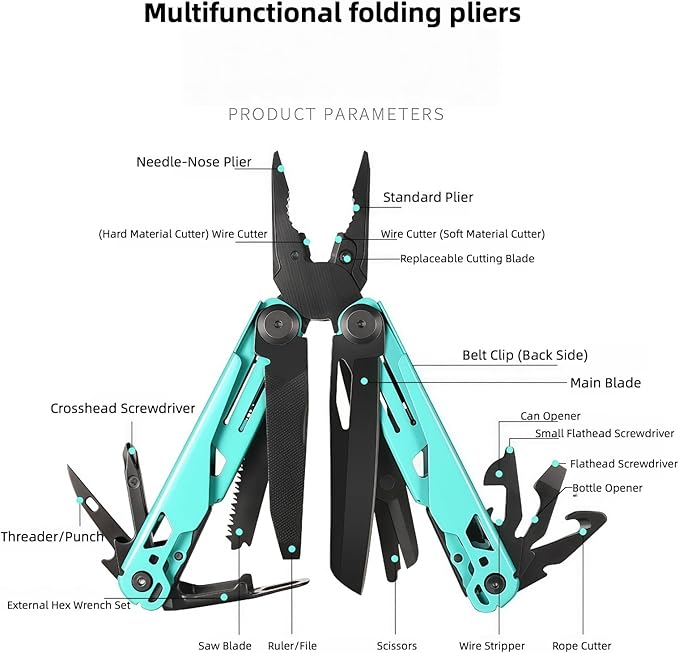 Multi Tool 20-in-1 Full-Size Lightweight EDC Multi-Purpose Pliers Folding Knife Tactical Gear Tools Boyfriend Gifts Equipment for Emergencies Hiking and Outdoor Camping (Pink)