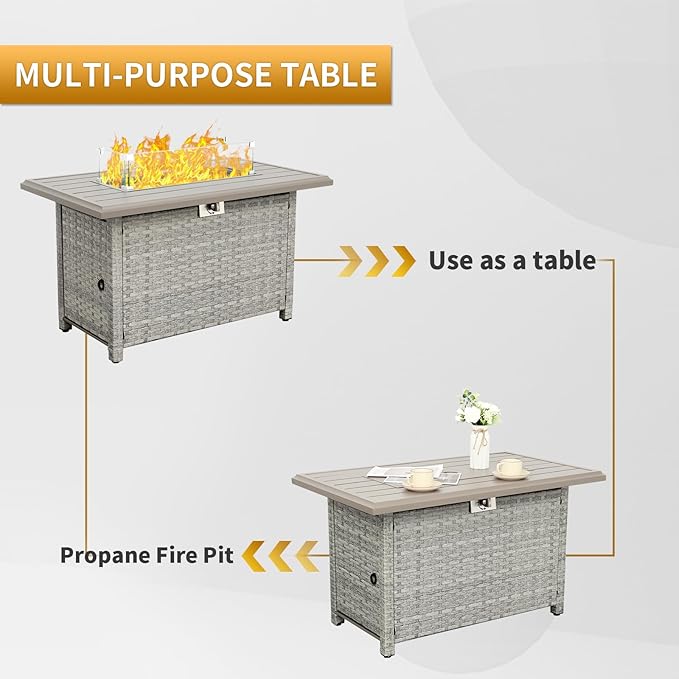 Outdoor Propane Fire Pit 43 Inch PE Wicker Patio Firepit Table with Fire Glass and Wind Guard for Outside Parties and Gatherings on Garden Backyard Porch