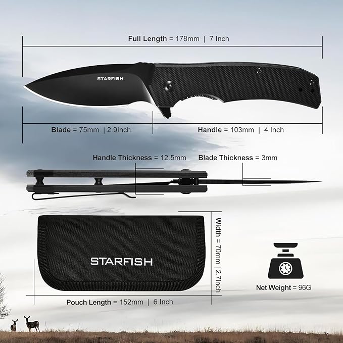 STARFISH Folding Knife 2.9 DC53 Steel PVD Titanium Coating Blade Pocket Knife with G10 Handle and Clip Lightweight Sharp Camping Hiking Daily Work Knives(black)