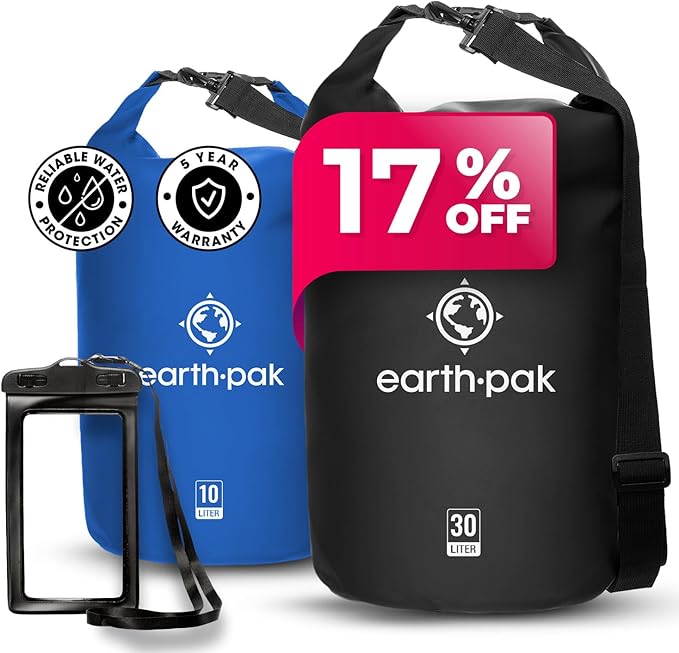 Earth Pak Waterproof Dry Bag - Roll Top Waterproof Backpack Sack (Blue 10L &amp Black 30L)