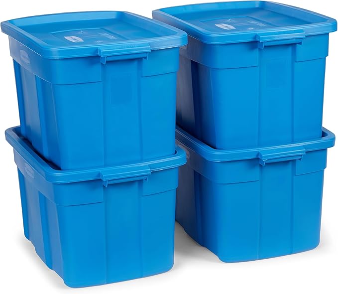 Rubbermaid Roughneck Tote 25 Gal 4 Pack Made in USA Heritage Blue Rugged Plastic Stackable Storage Bins with Lids and Handles