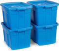 Rubbermaid Roughneck Tote 25 Gal 4 Pack Made in USA Heritage Blue Rugged Plastic Stackable Storage Bins with Lids and Handles