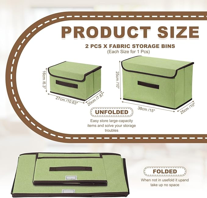 uxcell 2Pcs Storage Bin with Lid Fabric Foldable Box Decorative Storage Boxes with Lids for Keepsake Shelf Closet Nursery Home Bedroom(Green S &amp L Size)