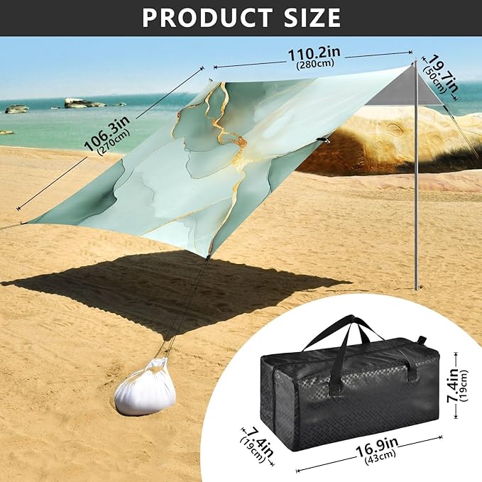 Marble White Green Foldable Beach Cabana UPF50+ Protection Easy Setup Shade Sun Shelter with Sandbags &amp Sand Shovel for Camping Picnics Backyard