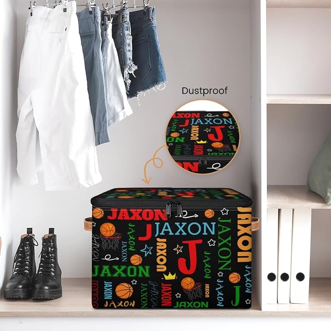 Custom Storage Bins with Zipper Lid Personalized Basketball Fabric Lidded Storage Baskets Boxes Foldable Cubes Clothes Organizer Container Ball