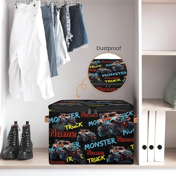 Custom Storage Bins with Zipper Lid Personalized Monster Truck Car Fabric Lidded Storage Baskets Boxes Foldable Cubes Clothes Organizer Container