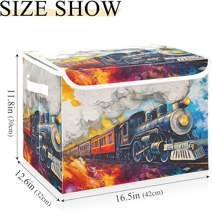 Pastel Train Storage Cube Bins Basket with Lid Collapsible Flip-top Fabric with Handle for Home Bedroom Closet Office 16.5×12.6×11.8 in