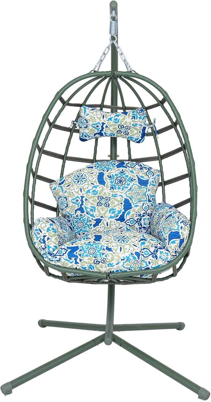 Hanging Egg Chair with Stand Outdoor Indoor Patio Rattan Swing Hammock Chairs with Washable Cushion 350lbs Capacity PE Wicker Swing Chair for Backyard Bedroom Garden (Dark Green + Floral Cushion)