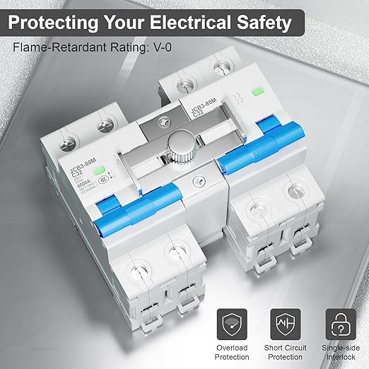 32 Amp Dual Power Manual Transfer Switch with IP65 Protection Box 2Pcs 2-Pole Circuit Breakers with Single-Side Slide Lock DIN Rail and Waterproof Joints Included Ideal for Industrial and Home Use