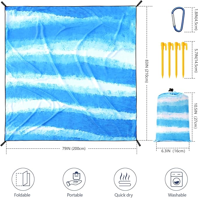 Beach Blanket Waterproof Sandproof Beach Mat 79 X 83/10'x9'for 2-8 Adults Quick Drying Outdoor Picnic Mat Beach Accessories for Travel Camping Hiking