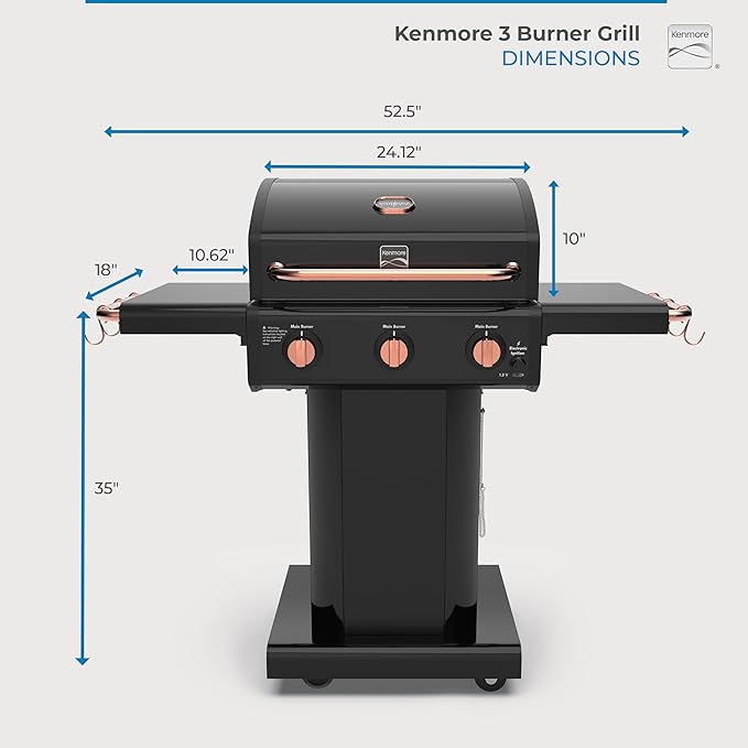 Kenmore 3-Burner Gas Grill | Foldable Side Tables Cast Iron Cooking Grates Warming Rack Hooks for BBQ Grilling Tools Propane Gas Barbecue Grill 30000 BTUs Black with Copper Accent