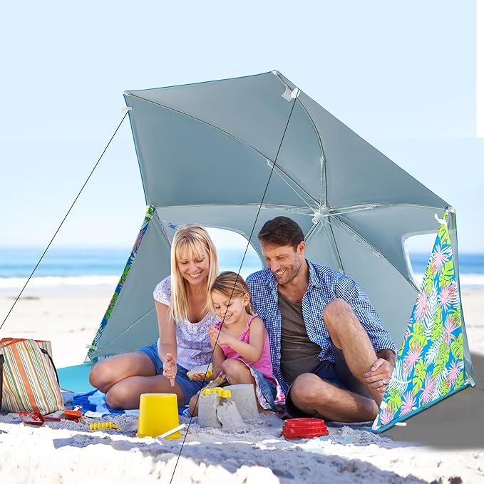 Tangkula Beach Tent for 2-4 People 2-in-1 Beach Tent Sun Shelter with Extendable Floor Roll-Up Windows UPF50+ Easy Setup Beach Umbrella for Shade Pool Backyard Camping