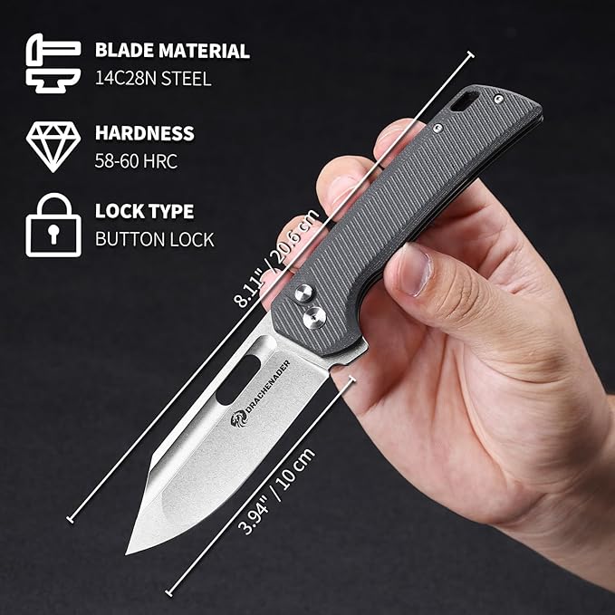 Large Pocket Knife for Men B-26 8.11 Tactical Folding Knife with 14C28N Blade G10 Handle Upgraded Reinforced Lock Includes Pocket Clip and Nylon Sheath for Camping Survival