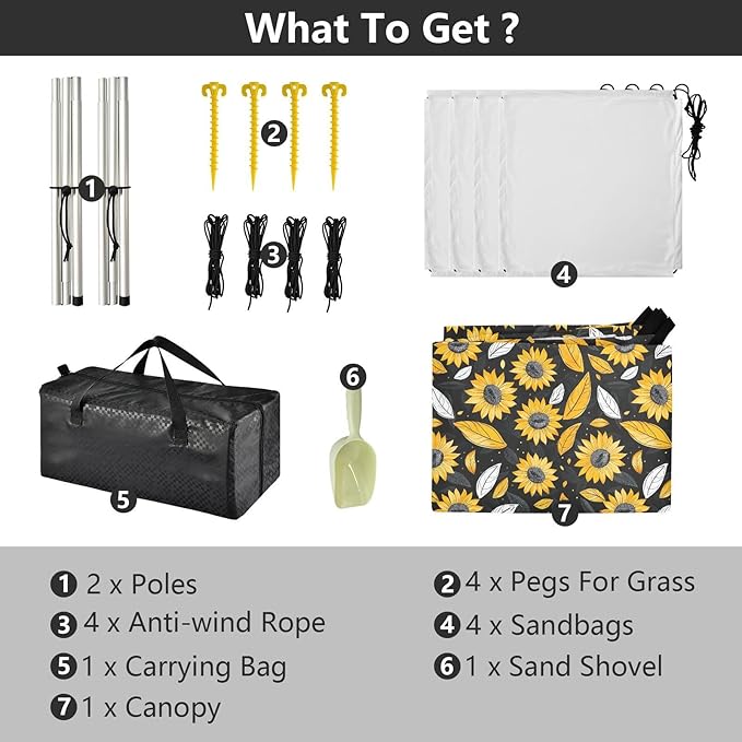ALAZA Sunflowers &amp Leaves Beach Tent Sun Shelter UPF50+ Protection Beach Shade Canopy w/ 4 Sandbags for Outdoor Camping Fishing Backyard Fun Picnic 10x9 ft
