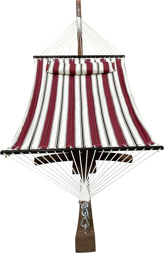 14 Ft. Wooden Arc Hammock Stand + Deluxe Quilted Double Padded Hammock Bed w/Pillow. 2 Person Bed. 450 LB Capacity(Teak Stain/Elegant Red Stripe)
