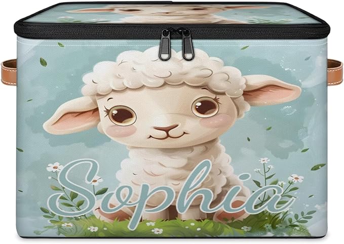 Custom Storage Basket with Name Personalized Storage Bins with Zipper Lid Foldable Fabric Storage Box Large capacity with Handle Flower Sheep
