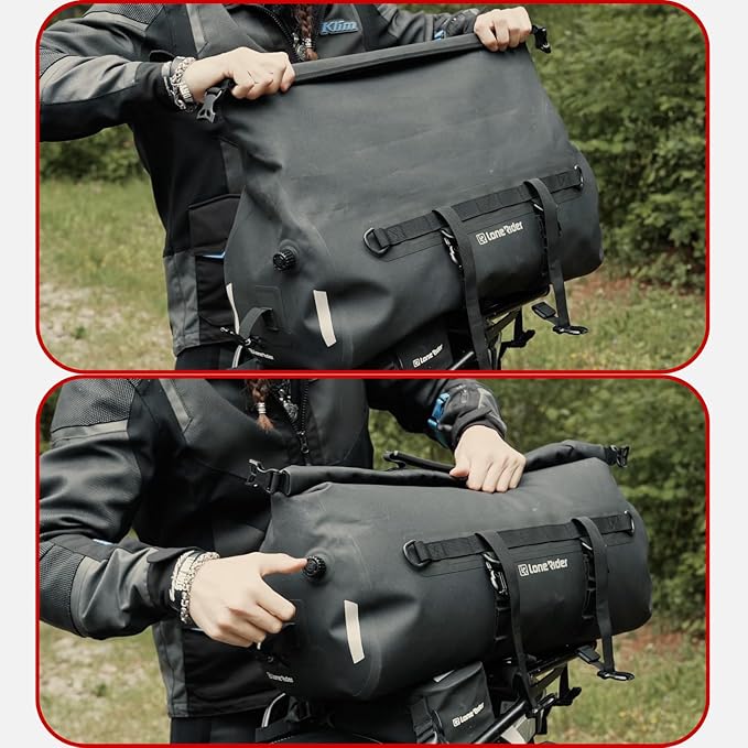 Lone Rider Waterproof Motorcycle Tail Bag 50L - Dustproof Roll Top Dry Bag ADV Motorbike Touring Luggage - 600D TPU Welded Seams Air Valve MOLLE Quick-Release Straps - Black