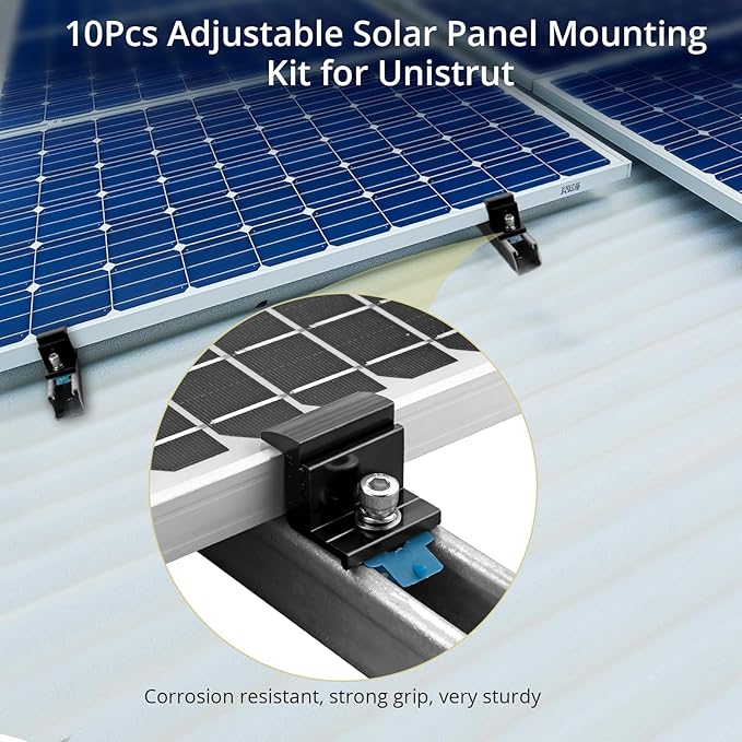 Anbte 10pcs Adjustable Solar Panel End Clamp for Unistrut 30-50mm Aluminum Solar Panel Mounting Brackets with Nuts Bolts and Wrench for Metal Roof Tin Roof Flat Roof Sheet Roof RV Black