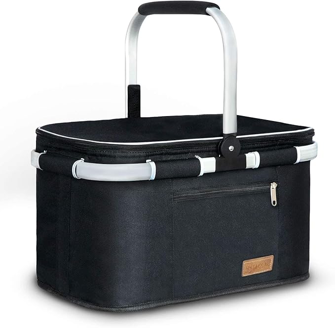 LIQING 35L Large Picnic Basket 2 Layers of Internal Pockets Leak-Proof and Insulated Folding with Internal Support for enhansed Stability Wedding Gifts for Couple(Black)