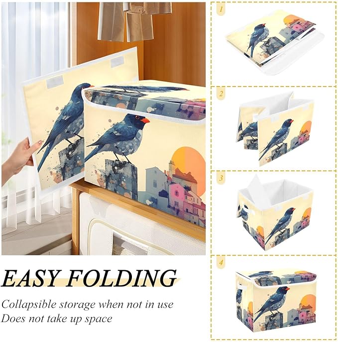 AIXIWAWA Lidded Storage Cube (Bird Artwork) Fabric Foldable Closet Bins with Flip Lid and Handles Organizer Basket Container 16.5 x 12.6 x 11.8 IN