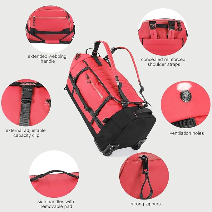 Rolling Duffle Bag with Wheels86L 30”Carry on Luggage with WheelsFolding Travel BagDuffle Backpack with Separate Shoe Compartment (red)