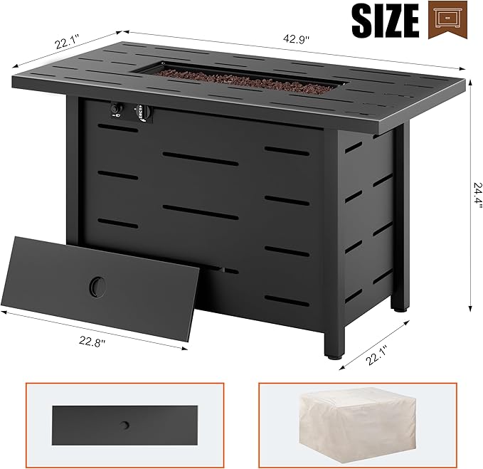 Walsunny 43 inch Outdoor Propane Fire Pit 50000 BTU Gas Fire Pit Table with Lid Waterproof Cover Rectangle Gas Firepit Table for Garden/Patio CSA Certification