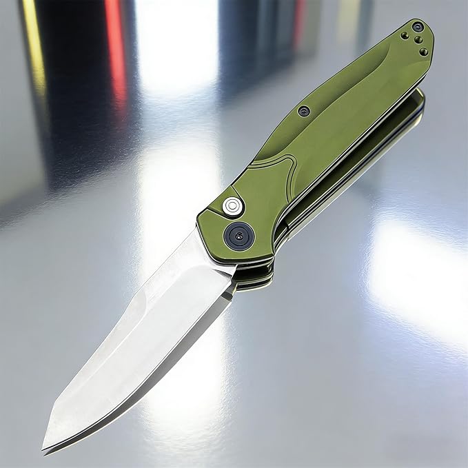 7.7 EDC Folding Knife with D2 Steel Blade Green Aluminum Handle Pocket Knife with Reversible Clip for Outdoor Camping Fishing。