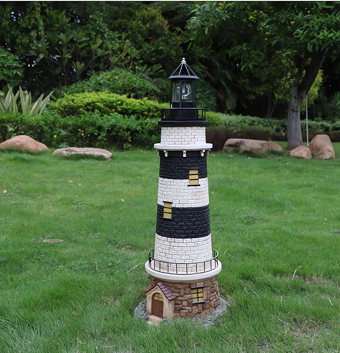 Solar Lighthouse Rotating Light - 360 Degree Light Houses Lamp For Yard IP65 Waterproof Durable Lighthouse Lamps Towers Statue Lights For Outdoor Garden Pathway Patio (Black -Large - Style B)