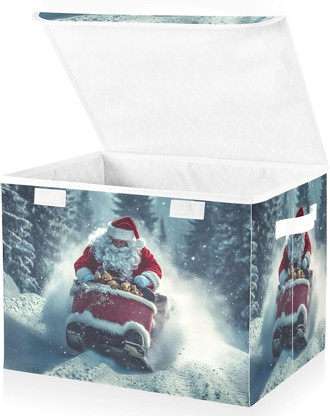Storage Cube with Lid Skating Santa Christmas Print 16.5×12.6×11.8 IN Collapsible Large Capacity Foldable Storage Basket Bin Organizer