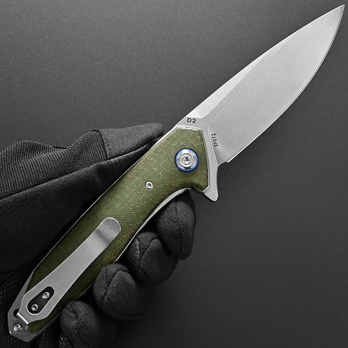 Eafengrow EF972 Folding Knife D2 Steel Blade Micarta Handle Pocket Knife Folder for Outdoor Camping Hiking Working EDC Tool Knife(army green)