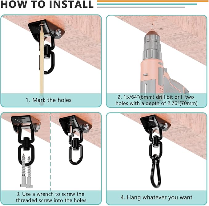 360°Rotating Hammock Hanging Kit Heavy Duty 1200 lb Capacity Stainless Steel Hanging Swing Hooks 2 Pack Swing Hanger for Yoga Hammock Chair Sandbag Swing Sets(Black