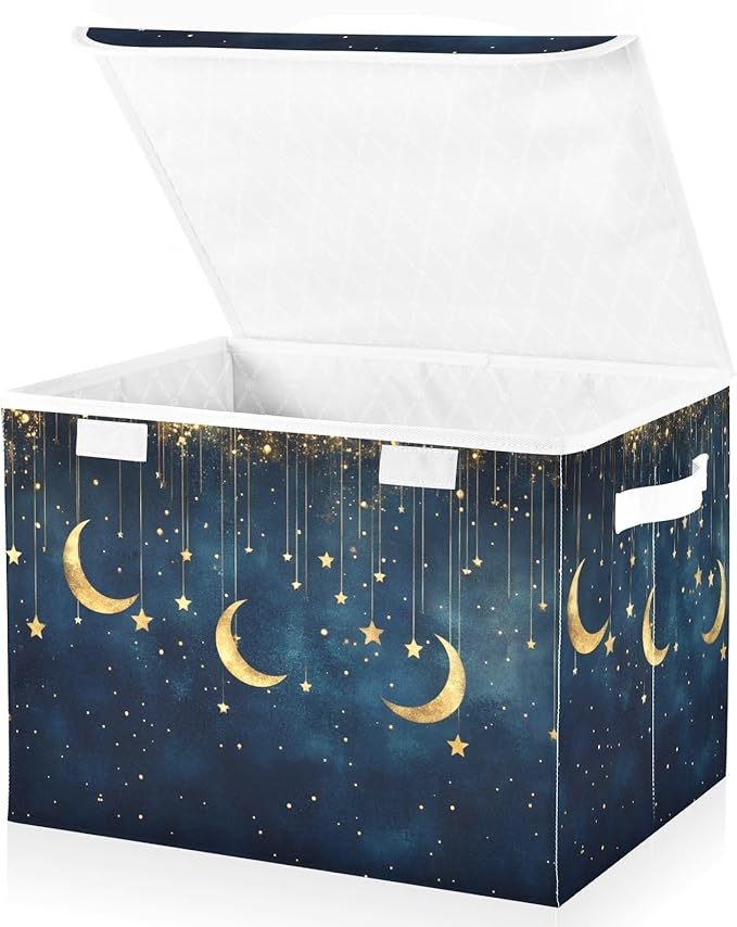 AIXIWAWA Storage Cube with Lid (Golden Moon and Stars) Fabric Foldable Closet Bins with Flip Lid and Handles Organizer Basket Container 16.5 x 12.6 x 11.8 IN