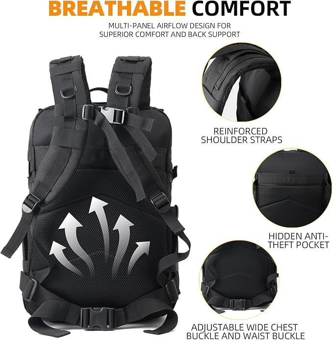 J.SH Daily 25L Military Tactical Backpack for Men EDC MOLLE Backpack 900D Oxford Nylon Assault Rucking Pack Portable Tactical Gear for Outdoor Hiking Gym Rugged Survival &amp Bug Out Bag - Blac