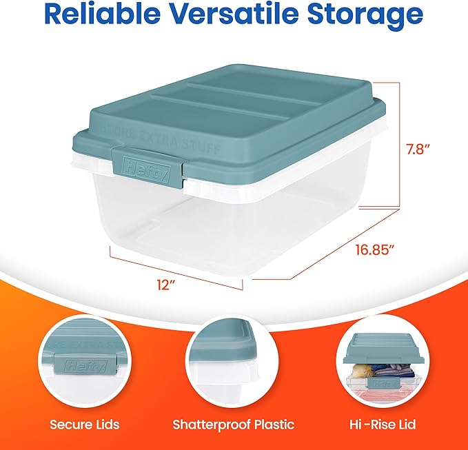 Hefty 18 Quart Hi-Rise Storage Bin with Lid Stackable Plastic Container for Home Office and Classroom Organization 8 Pack Smoke Blue