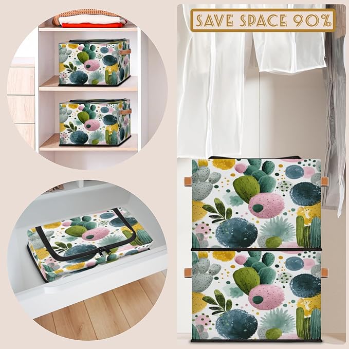 Cactus Storage Bins with Lids Green Plant Collapsible Cube Storage Basket with Leather Handle Foldable Storage Box with Lids for Organizing Home Closet