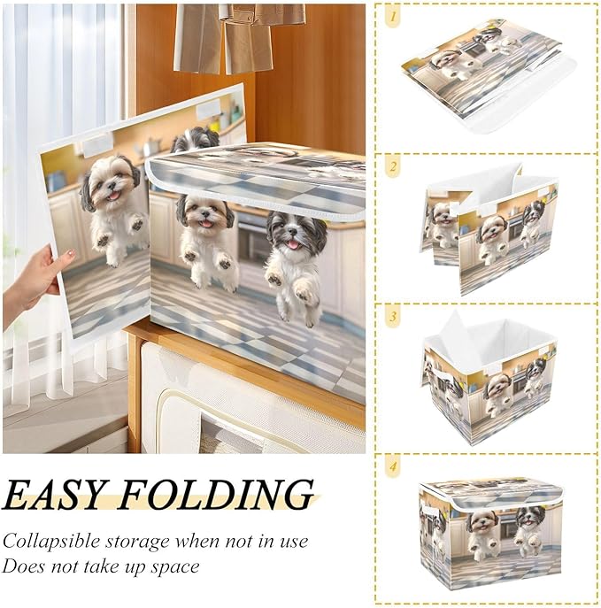 AIXIWAWA Lidded Storage Cube (Jumping Puppy) Fabric Foldable Closet Bins with Flip Lid and Handles Organizer Basket Container 16.5 x 12.6 x 11.8 IN