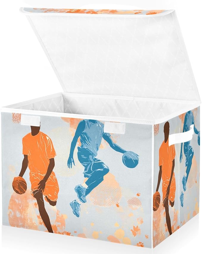 Orange Blue Basketball Players Splash Storage Box with Lid 1 PC Foldable Storage Bin with Lids Stackable Storage Bins Cube Closet Organizer Basket with Flip-Top Lid &amp Handles for Shoes Books Towel