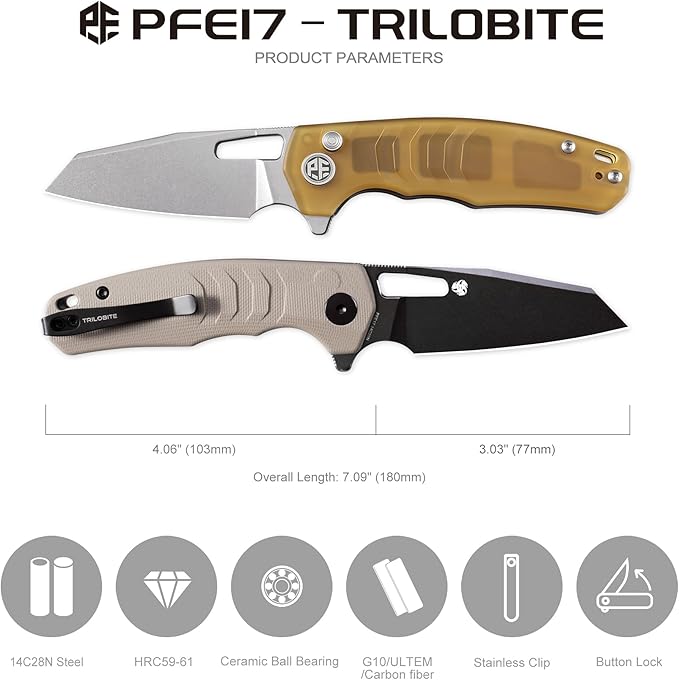 Petrified fish PFE17 Trilobite Folding Knife3.03 Damascus Black Stonewashed Blade Carbon Fiber Handle Camping Folding knife for EDC Outdoor (Black Damascus)