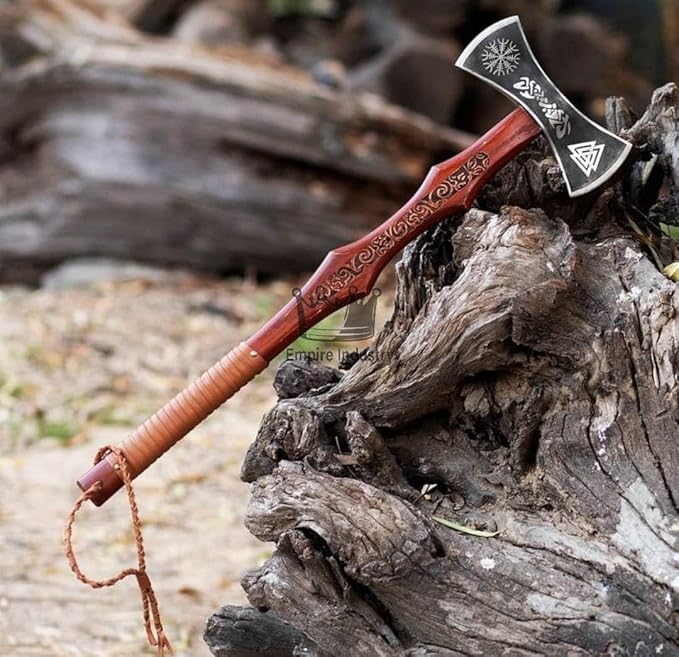 Handmade High Carbon Steel Double Edge Viking Axe - Valhalla Axe with Sheath - Viking Hatchet - Hunting Axe - Rose Wood Handle - Hand Engraved Design by Empire Industry